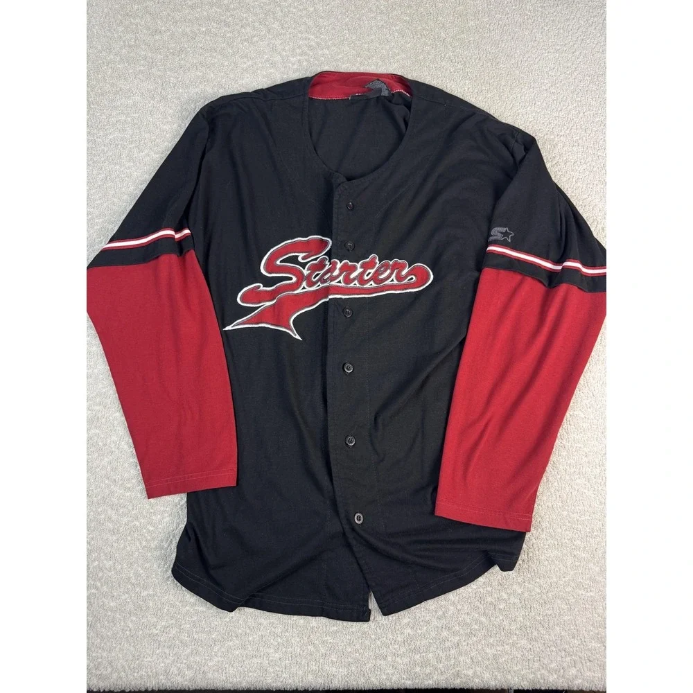 Starter Shirt Mens Large Black Red Long‎ Sleeve Button Front Baseball Jersey